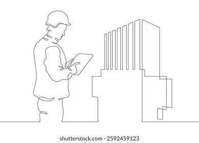 Continuous one line drawing IT engineer and server. Engineer services network equipment. Computer technician with tablet.
One continuous line isolated minimal illustration.Not AI.