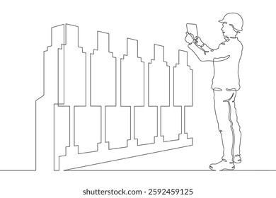 Continuous one line drawing IT engineer and server. Engineer services network equipment. Computer technician with tablet.
One continuous line isolated minimal illustration.Not AI.