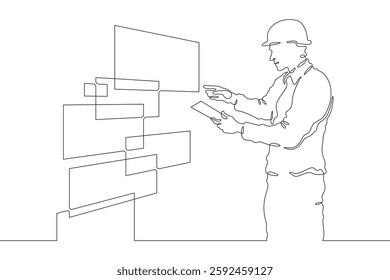 Continuous one line drawing IT engineer and server. Engineer services network equipment. Computer technician with tablet.
One continuous line isolated minimal illustration.Not AI.