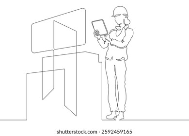 Continuous one line drawing IT engineer and server. Engineer services network equipment. Computer technician with tablet.
One continuous line isolated minimal illustration.Not AI.