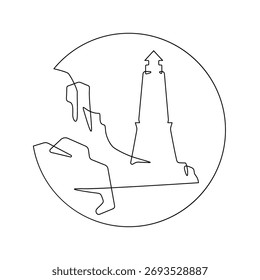Continuous one line drawing Lighthouse against the backdrop of mountains. Mountain landscape. Seashore.Linear icon. Line art.One continuous line isolated illustration.Not AI.