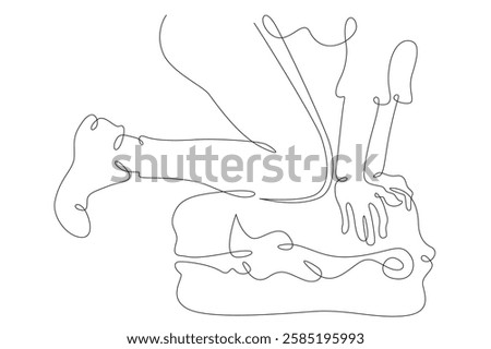 Continuous one line drawing packing luggage. Hands and feet close the suitcase.Packing for vacation. One continuous line isolated minimal illustration.Not AI.