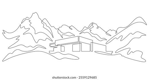 Continuous one line drawing small house on a hill. Modern house against the backdrop of mountains. Mountain landscape. Panorama.One continuous line isolated minimal illustration.Not AI.