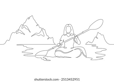 Continuous one line drawing travel on water in a kayak. Woman with oars floats on a canoe. Mountain landscape. One continuous line isolated minimal illustration. - Powered by Shutterstock