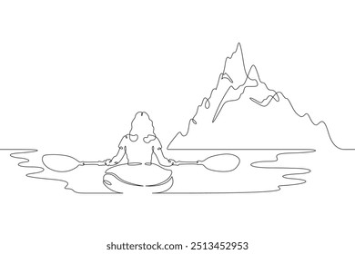 Continuous one line drawing travel on water in a kayak. Woman with oars floats on a canoe. Mountain landscape. One continuous line isolated minimal illustration. - Powered by Shutterstock