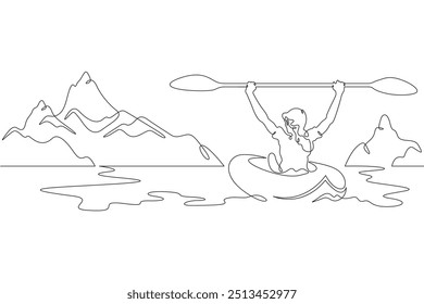 Continuous one line drawing travel on water in a kayak. Woman with oars floats on a canoe. Mountain landscape. One continuous line isolated minimal illustration. - Powered by Shutterstock