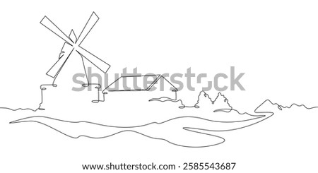 Continuous one line drawing windmill.An old mill on the plain. One continuous line isolated minimal illustration.Not AI.