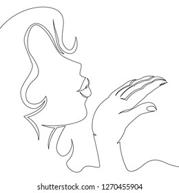 Continuous one line drawing woman in profile blowing kiss icon isolated illustration concept sketch