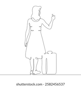 Continuous one line drawing young woman hitchhiking on the road. Hitchhiking. Girl with luggage.One continuous line isolated minimal illustration.Not AI.