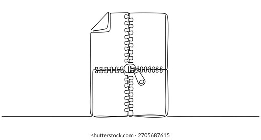 Continuous one line drawing of a zip file icon closed with a zipper, representing a compressed file, line art style vector illustration.