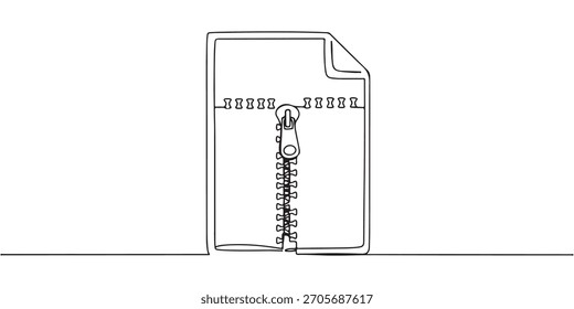 Continuous one line drawing of a zip file icon closed with a zipper, representing a compressed file, line art style vector illustration.