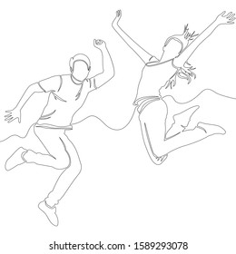 Continuous one single line drawing happy jumping couple icon illustration concept