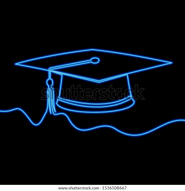 Continuous one single line drawing\
square academic cap icon neon glow illustration\
concept