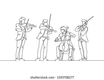 Continuous One Single Line Drawn Musical Quartet Violin Musicians.The Concept Of A Musical Ensemble, Concert, Performance.