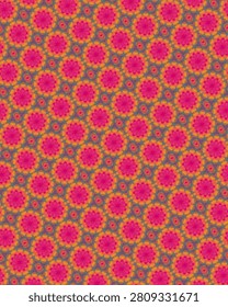 Continuous seamless texture rendered in cerise, deep orange, honey gold, olive drab, dark cyan, ocean blue, punch pink, warm apricot and retro mexican fiesta tones