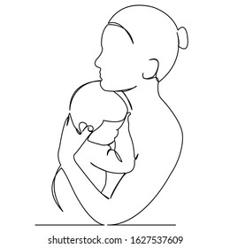 continuous single drawn hand  drawn picture silhouette by one line mother and baby in her arms  Line art  doodle 