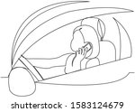continuous single drawn one line woman at the wheel of a car talking on the phone hand-drawn picture silhouette. Line art.