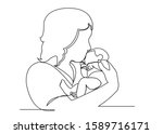 continuous single drawn one line mom with newborn baby painted by hand picture silhouette. Line art.