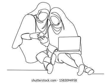 Continuous Single Drawn One Line Muslim Girl Student Drawn By Hand Picture Silhouette. Line Art