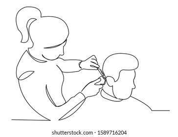 continuous single drawn one line to a man doing a hairstyle in a hairdresser hand-drawn picture silhouette. Line art. man in barbershop
