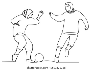 Continuous Single Drawn One Line Woman Muslim Playing Soccer Hand-drawn Picture Silhouette. Line Art. Character Modern Muslim Woman Playing Football