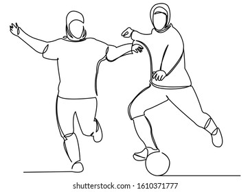 Continuous Single Drawn One Line Woman Muslim Playing Soccer Hand-drawn Picture Silhouette. Line Art. Character Modern Muslim Woman Playing Football