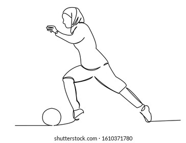 Continuous Single Drawn One Line Woman Muslim Playing Soccer Hand-drawn Picture Silhouette. Line Art. Character Modern Muslim Woman Playing Football