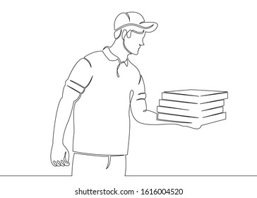 Continuous single drawn one line character delivery pizza courier