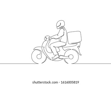 Continuous single drawn one line character delivery pizza courier scooter