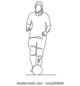 Continuous Single Drawn One Line Woman Muslim Playing Soccer Hand-drawn Picture Silhouette. Line Art. Character Modern Muslim Woman Playing Football