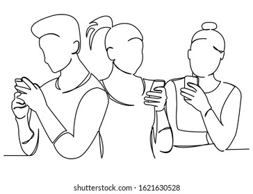 continuous single drawn one line teenagers in phones hand-drawn picture silhouette. Line art. teenagers playing phone, chateca