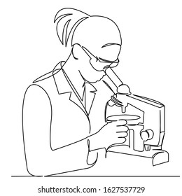 Continuous Single Drawn One Line Female Scientist With A Microscope Hand-drawn Picture Silhouette. Line Art. Doodle. Female Scientist