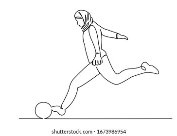 Continuous Single Drawn One Line Muslim Girl Woman Playing Football Hand-drawn Picture Silhouette. Line Art. Doodle