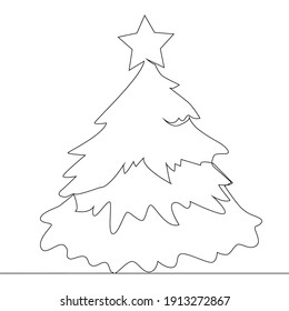 Continuous Single Drawn One Line Christmas Tree Drawn By Hand Picture Silhouette. Line Art. Winter Holiday Christmas Doodle