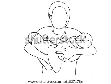 continuous single drawn one line mom with twins on hands painted by hand silhouette picture. Line art. mother with two children in her arms