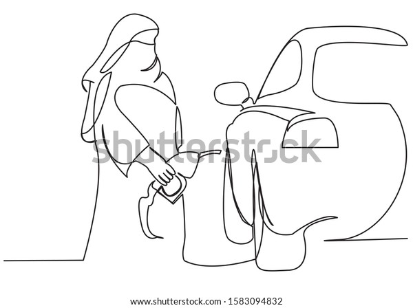 continuous single drawn one line Muslim woman runs\
the car at the gas station drawn from the hand picture silhouette.\
Line art