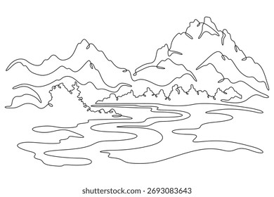 Continuous single line drawing road in the mountains. Mountain landscape. Winding high-mountain road. Linear . One continuous line isolated minimalist illustration. Not AI.