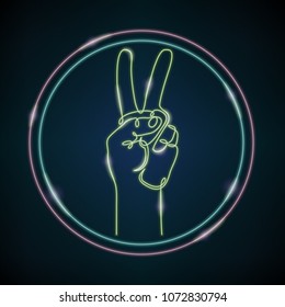 Continuous single one drawn line of the hand symbol of the victory of the logo in the circle. Neon glossy glow illustration.
