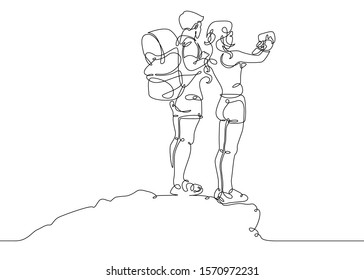 Continuous Single One Drawn Line People Tourists.Hikers With Backpacks Taking Selfie On Top Of The Mountain