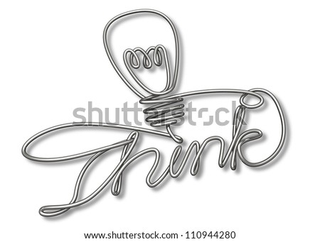 A continuous wire twisted into the word Think and a simple lightbulb shape
