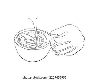 Continuus Line Drawing Of Hand Making Black Latte Art On White Background