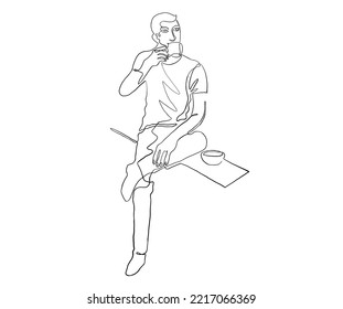 Continuus Line Drawing Of Men Wearing Long Pants And Shoes, Sitting, Drinking Coffee, Looking Out  Black Lines On A White Background