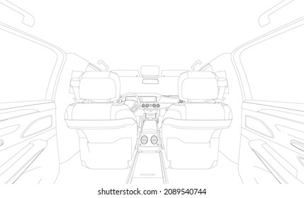 Contour Of A Chic Car Interior Isolated On A White Background. Interior View From The Rear Seat. 3D Illustration