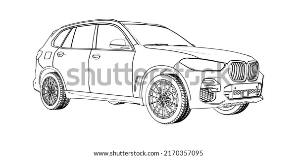 Contour drawing\
of the car. Coloring page for drawing. Black contour sketch\
illustrate isolated on white\
background