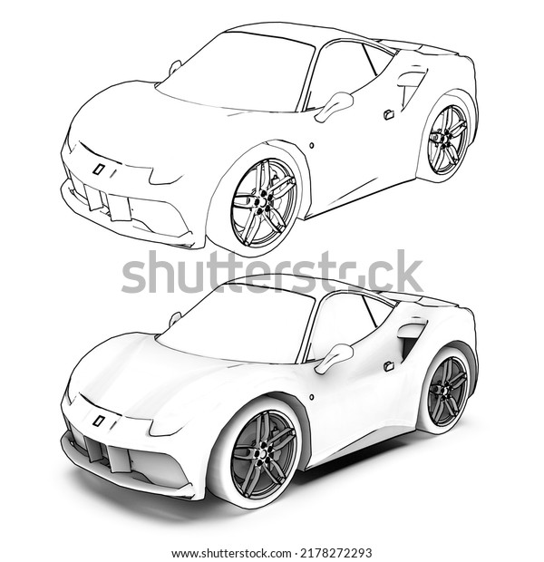 Contour\
drawing of cartoon car. Coloring page for drawing. Black contour\
sketch illustrate isolated on white\
background