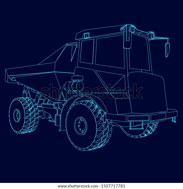 Contour of the garbage truck of blue lines\
on a dark background. 3D\
illustration.