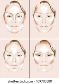 Contour And Highlight Makeup. Contouring Face Make-up. Sample Idea. Fashion Illustration