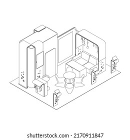 The Contour Of The Room With Armchairs, Chairs And Computers From Black Lines Isolated On A White Background. Reception Outline. Isometric View. 3D Illustration