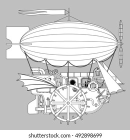 Contour Steampunk complex fantastic flying ship. Retro technology concept. Illustration pattern for coloring book