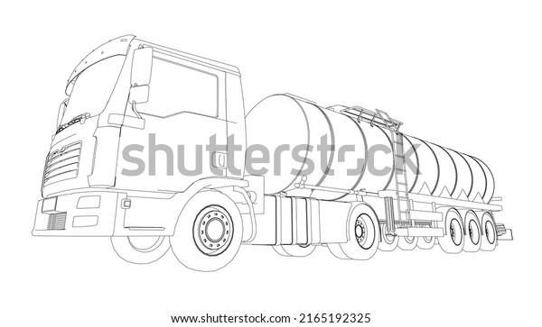 Contour of a\
tank truck for transportation of gasoline from black lines isolated\
on a white background. Truck with a tank for the transport of\
goods. Perspective view. 3D\
illustration
